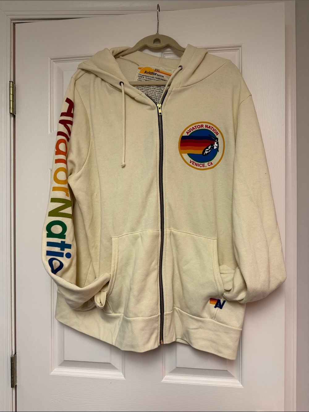 Aviator Nation Kids Cream Zip Hoodie with Rainbow Sleeve Logo